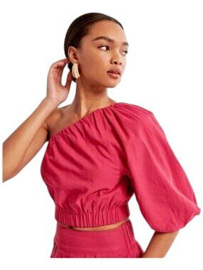 Abercrombie & Fitch NWT Linen-Blend Puff Sleeve One-Shoulder Crop Top Women's S